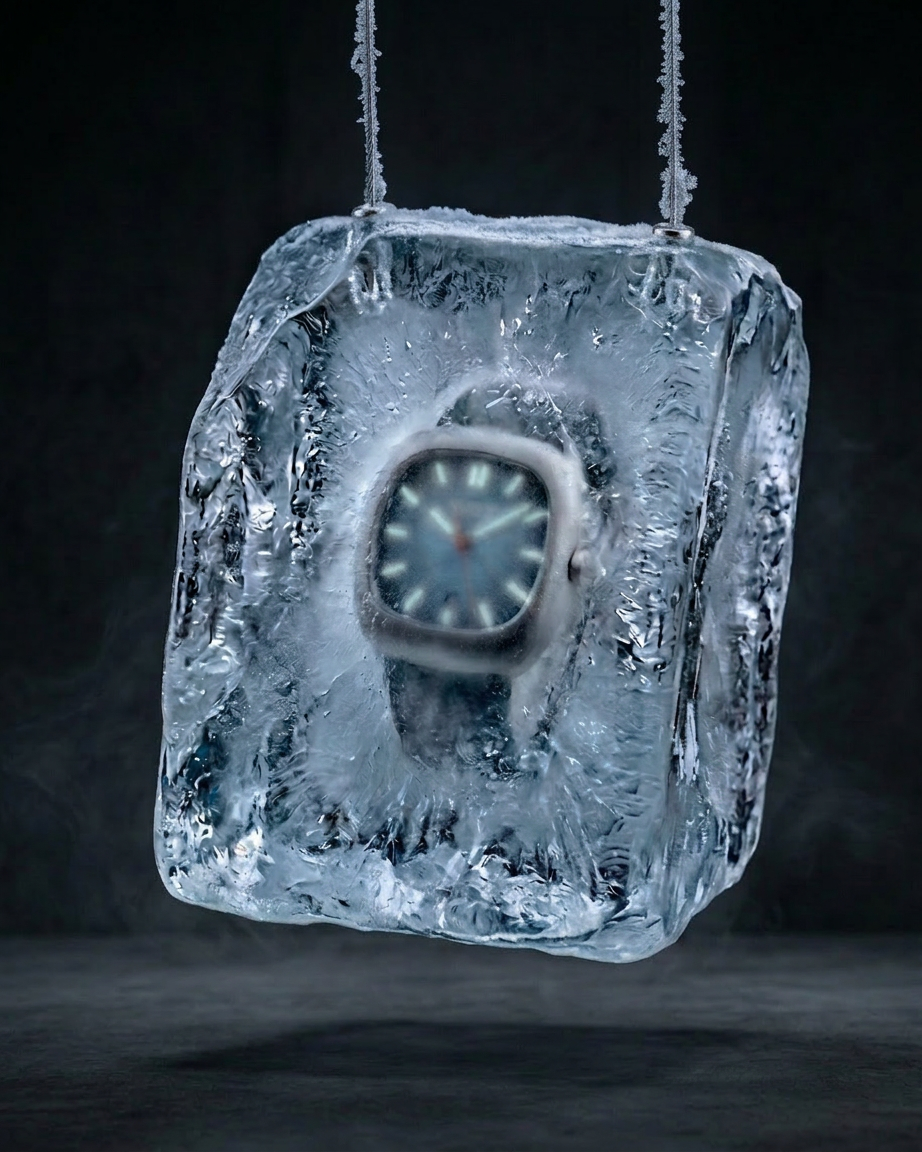 Montude watch frozen in ice